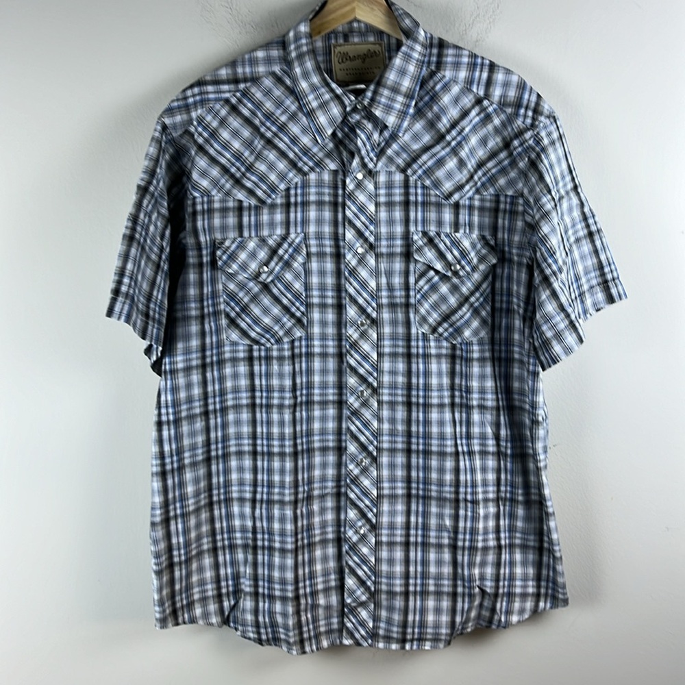Wrangler Mens Blue Black Plaid Western Snap Shirt Short Sleeve XL WM185GY